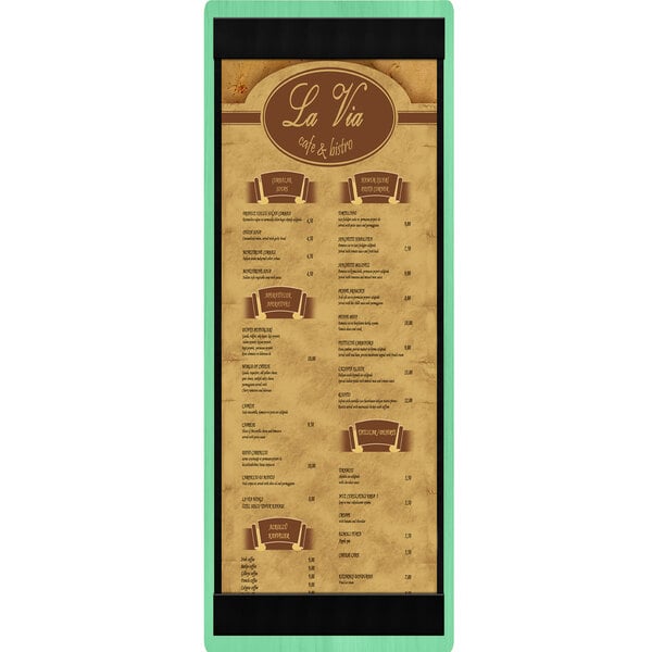 A customizable teal wood menu board with top and bottom strips.