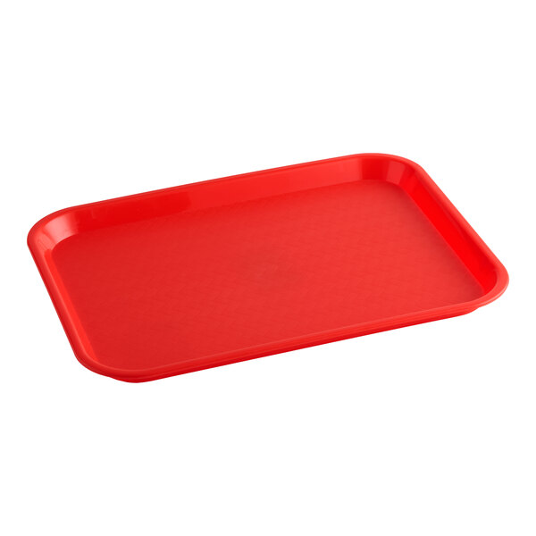 A red plastic fast food tray with a rectangular shape and rounded corners.