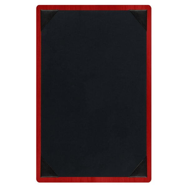 A black wood menu board with red trim.