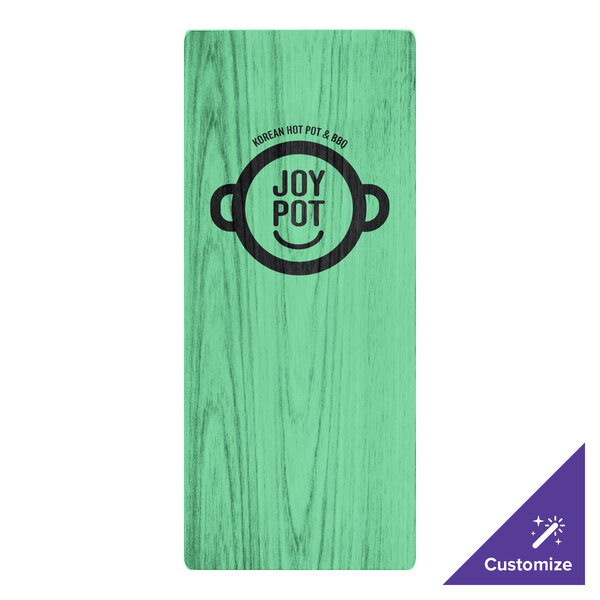 A washed teal wood menu board with a logo on it.
