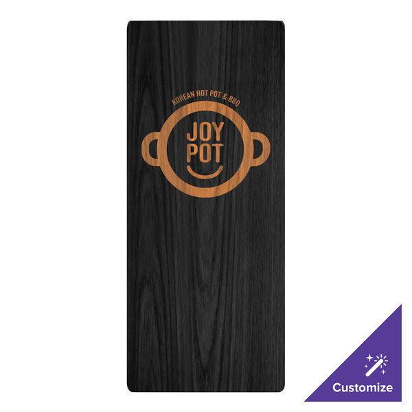 A black wood menu board with top and bottom strips and a brown pot logo.