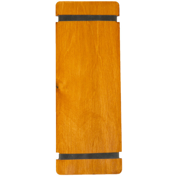 A Menu Solutions Country Oak wood menu board with black rubber bands.