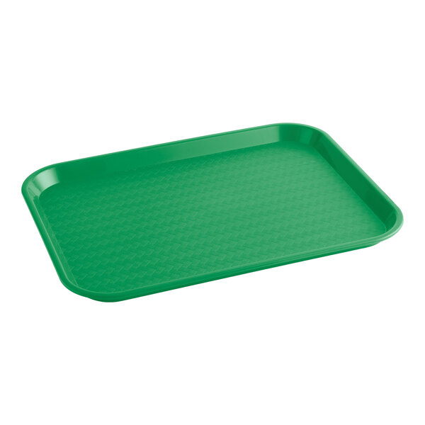 A green rectangular plastic fast food tray with raised edges.
