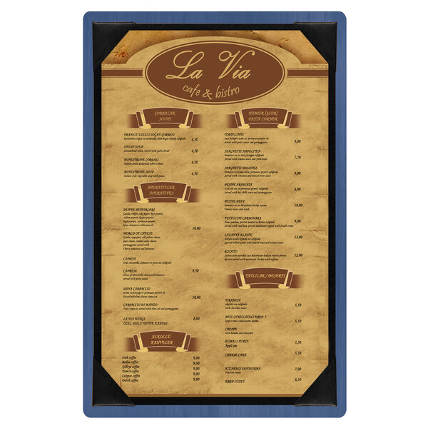 A white menu board with a blue wood frame.
