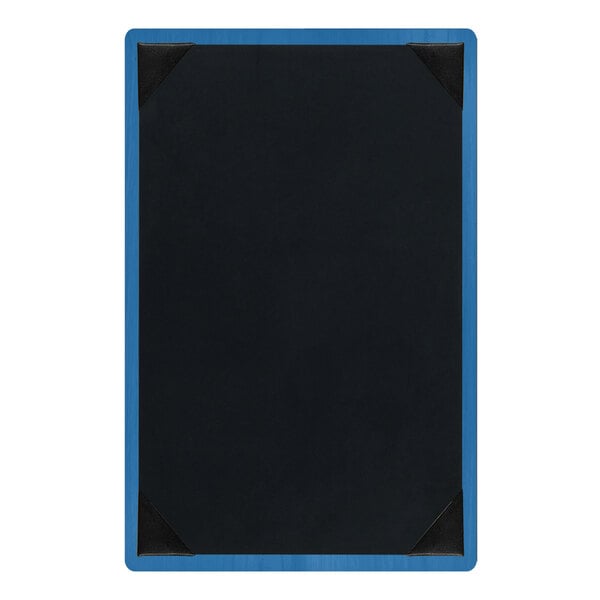 A customizable wood menu board with a true blue border and black picture corners, measuring 5 1/2 inches by 8 1/2 inches.