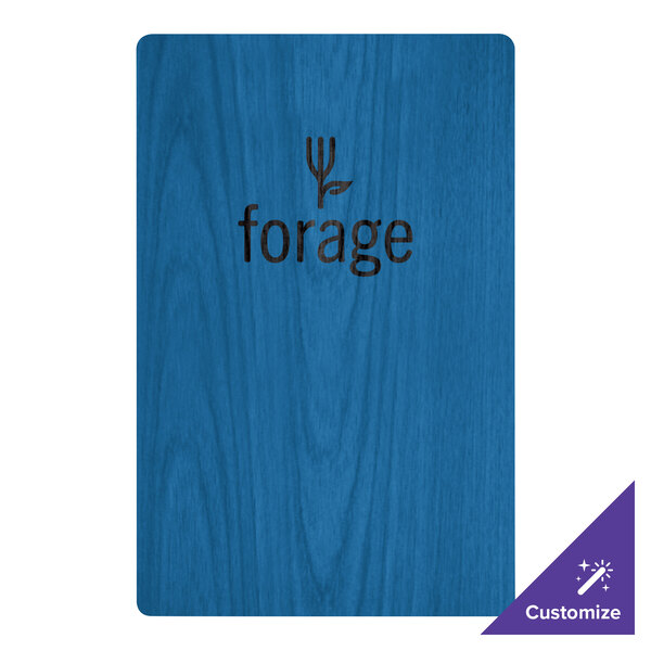 A customizable blue wood menu board with the word 'forage' and a fork and leaf design engraved on the front.