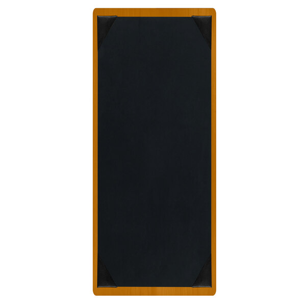 A black board with a wooden frame.