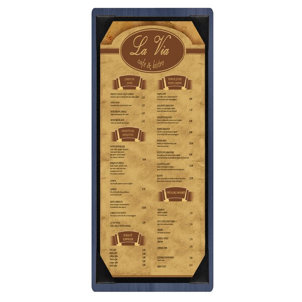 A brown wood menu board with picture corners.