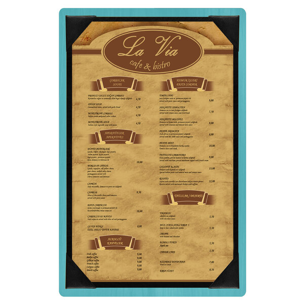 A Menu Solutions sky blue wood menu board with picture corners.