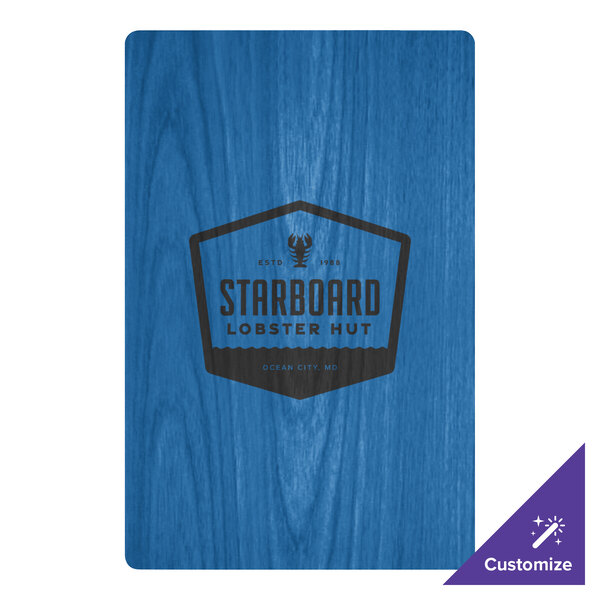 A customizable blue wood menu clip board or check presenter with a printed logo on the front.