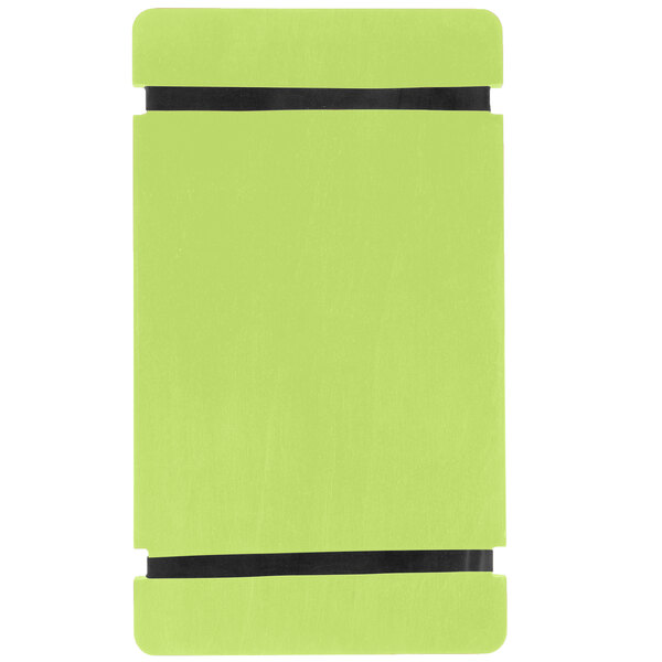 A lime wood menu board with black rubber band straps.