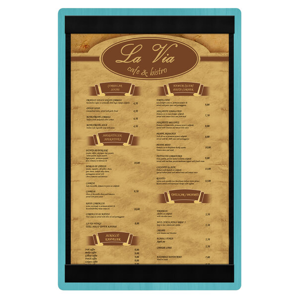 A Sky Blue wood menu board with top and bottom strips.