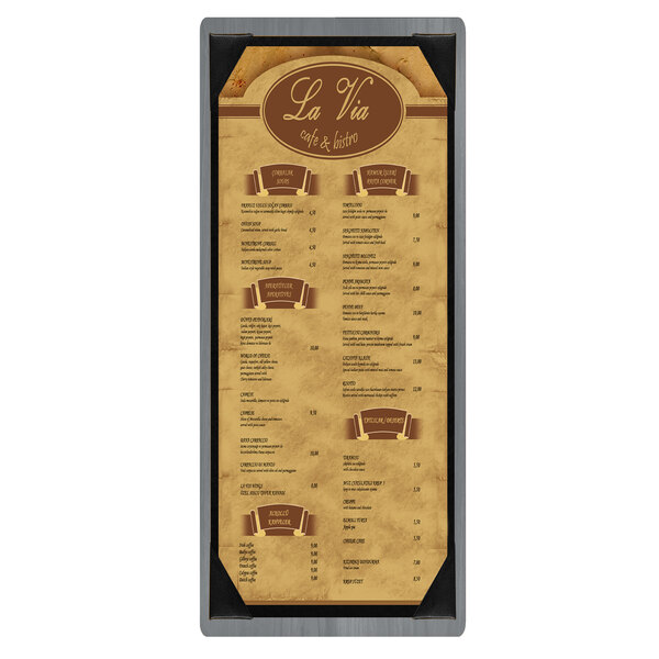 A customizable wood menu board with picture corners holding a menu.