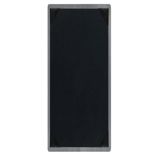 A black rectangular wood menu board with silver corners.