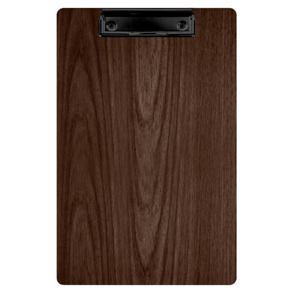 A Menu Solutions wood clipboard with a black clip.