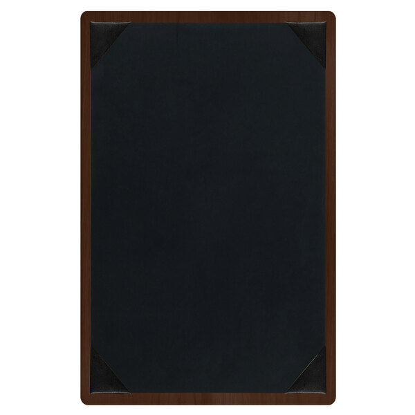 A brown wooden menu board with picture corners.