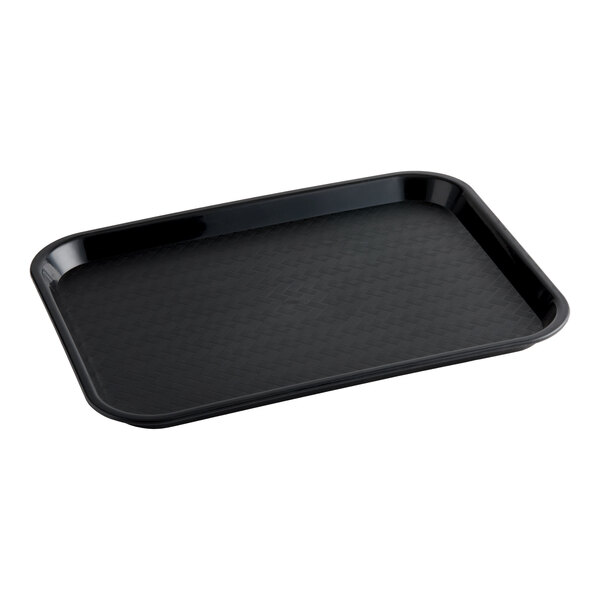 A rectangular black plastic fast food tray with slightly raised edges.