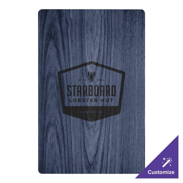 A blue wood surface with a logo on a Menu Solutions wood clip board.