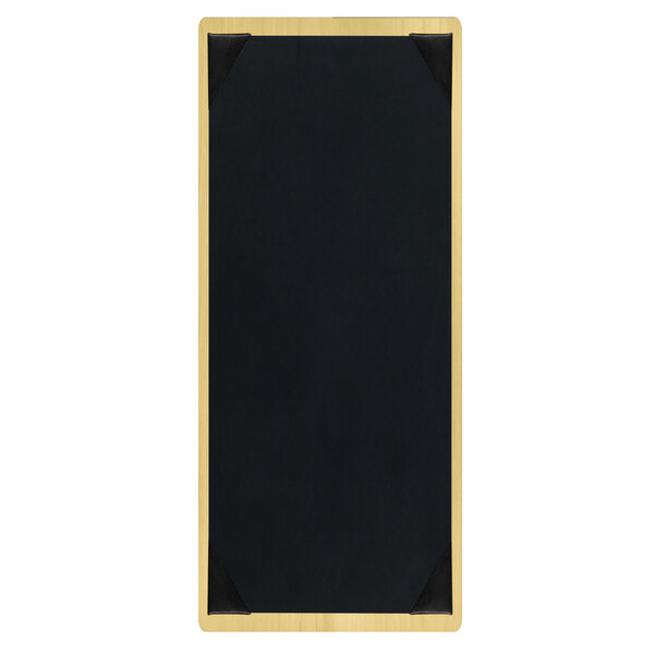 A black rectangular menu board with a natural wood frame and gold corners.