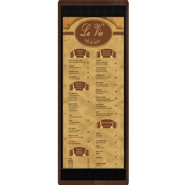 A walnut wood menu board with top and bottom strips.
