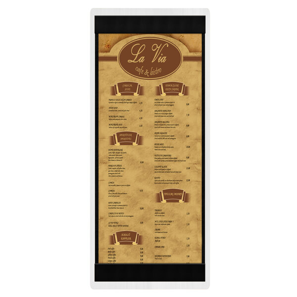 A Menu Solutions white wash wood menu board with top and bottom strips.