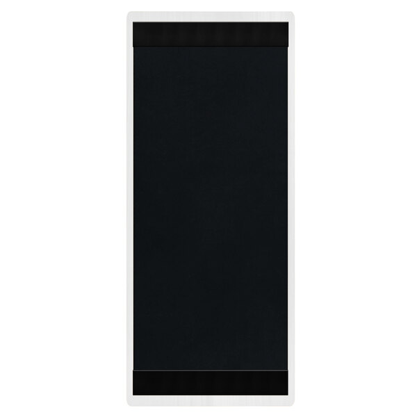 A white rectangular wood menu board with black top and bottom strips.