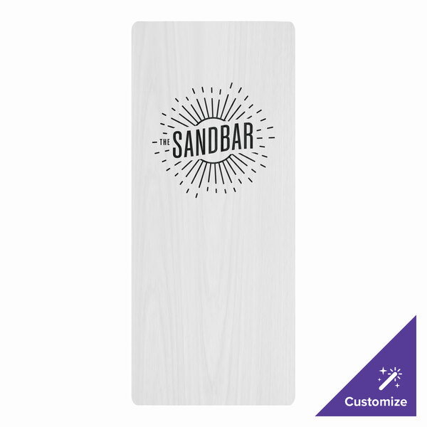 A white rectangular wood menu board with top and bottom strips with black text that says "Sandbar"