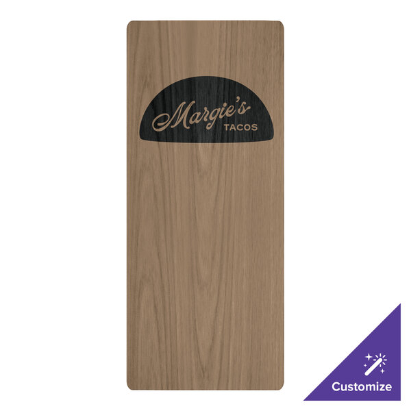 A weathered walnut wood menu board with top and bottom strips holding a wood menu with a black logo.