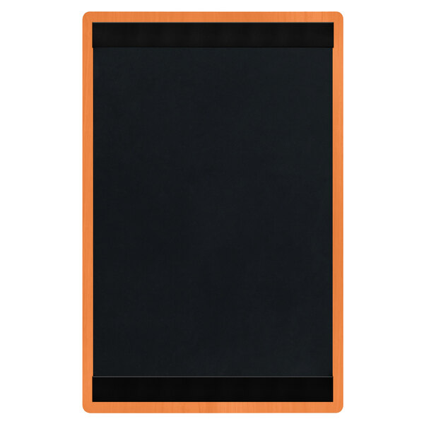 A black wood menu board with orange stripes on the top and bottom.
