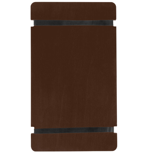 A walnut wood menu board with rubber bands on a brown surface.