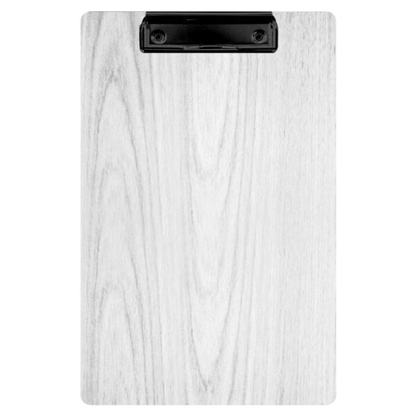 A white wood Menu Solutions clipboard with black clip.