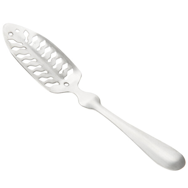 A silver stainless steel Franmara Absinthe spoon with a cut out design on the handle.