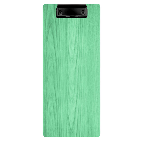 A green wood menu clipboard with a black clip.