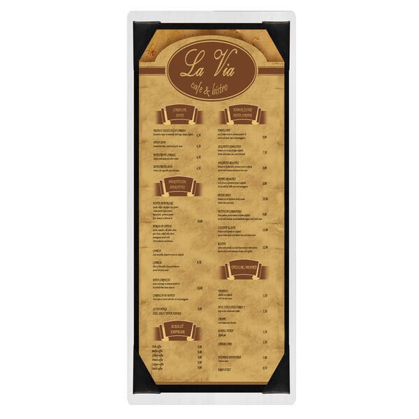 A white wash wood menu board with picture corners.