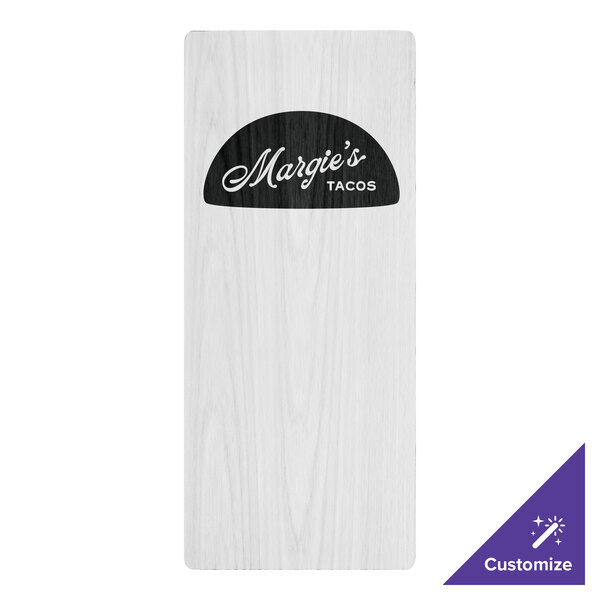 A white rectangular Menu Solutions wood board with black text.