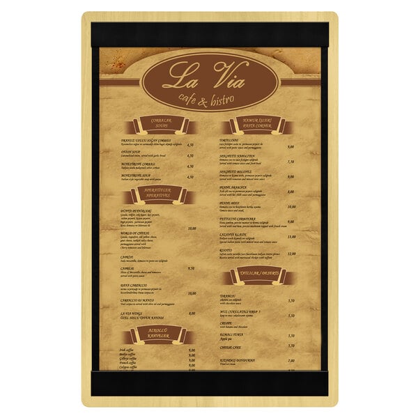 A Menu Solutions wood menu board with a black frame.