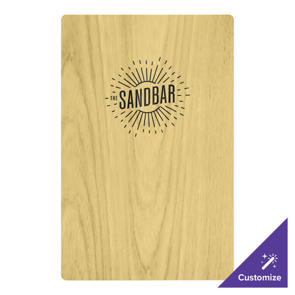 A natural wood menu board with top and bottom strips on a table with the word "sandbar" on it.