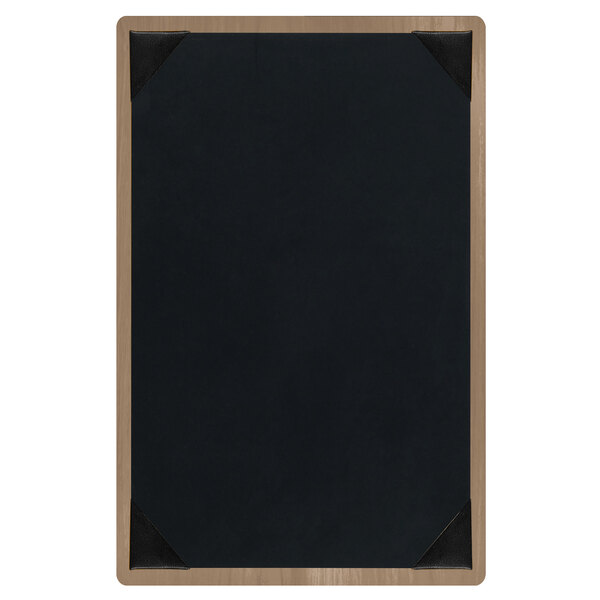 A weathered walnut wood menu board with picture corners.