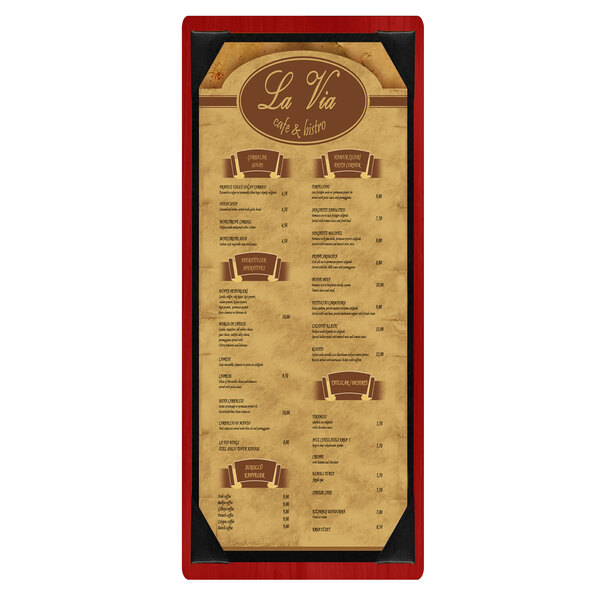 A Menu Solutions wood menu board with a brown frame.