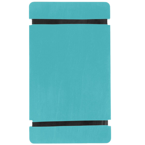 A blue rectangular Menu Solutions wood board with black rubber band straps.