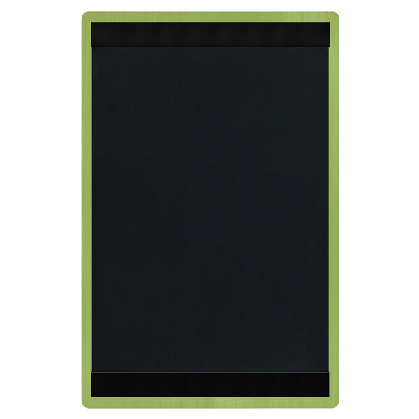A black wood menu board with green border strips.