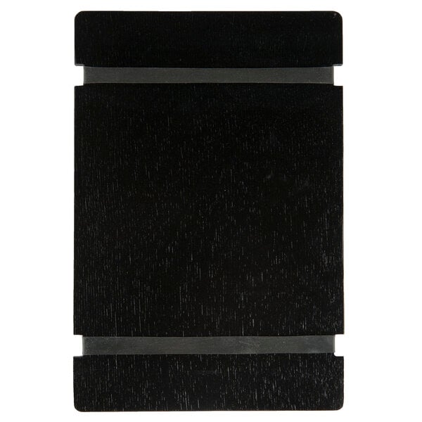 A black rectangular Menu Solutions wood board with black rubber band straps.