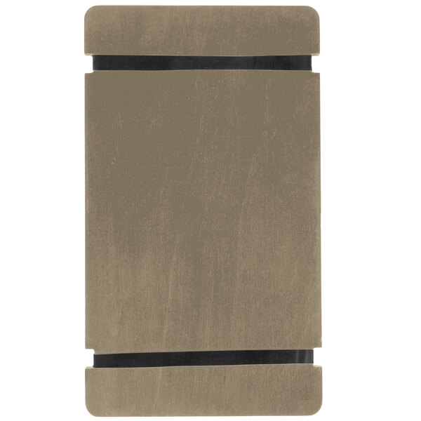 A Menu Solutions weathered walnut wood menu board with rubber band straps on a brown surface.