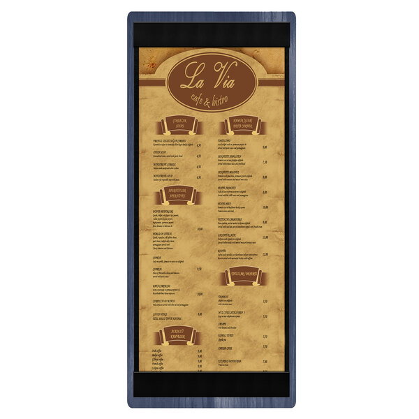 A Menu Solutions wood menu board with top and bottom strips.