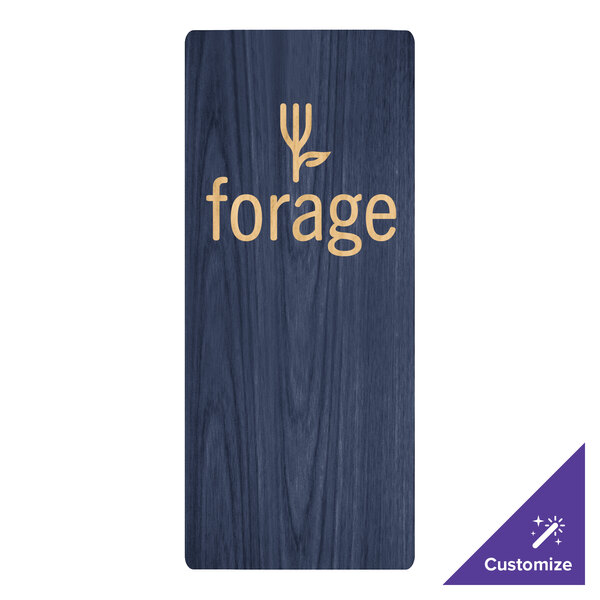 A blue rectangular wooden menu board with top and bottom strips and yellow text reading "Forge" on a table.