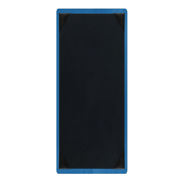 A rectangular blue wood menu board with black picture corners for holding an insert.