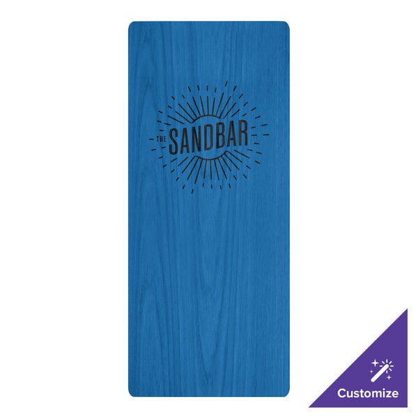 A blue customizable wood menu board with picture corners and 'The Sandbar' logo on the front.