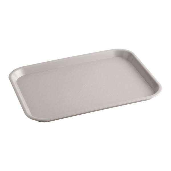 A gray rectangular plastic fast food tray with raised edges.