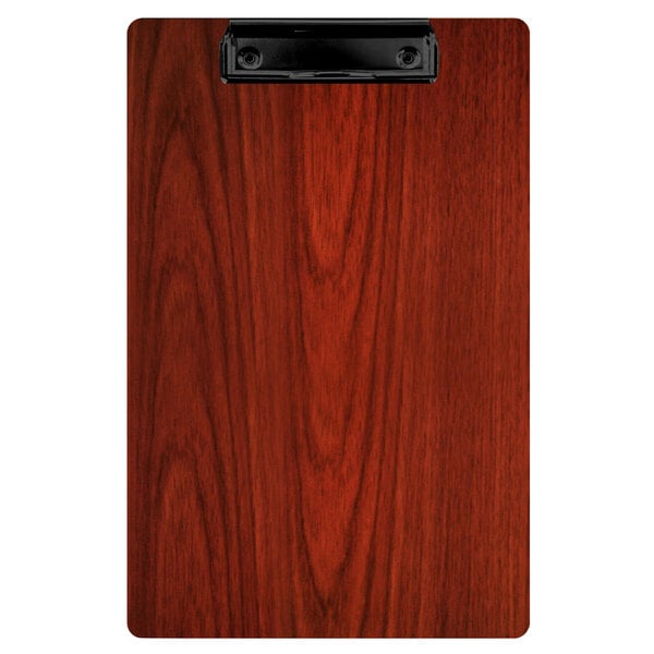 A Mahogany wood clipboard with black clip handles.