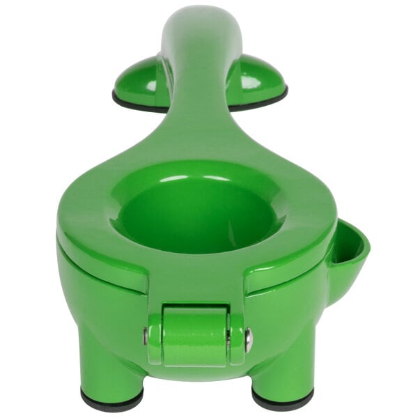A green Tablecraft handheld lime squeezer with a bowl.